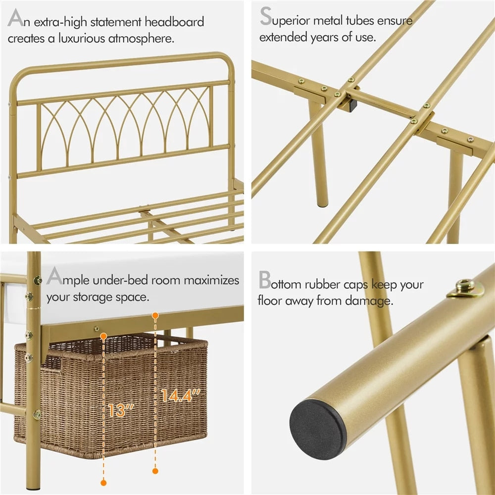 Metal Platform Bed Frame with Headboard and Footboard, Bedroom,Stainless Steel,Durable and Strong, Antique Gold