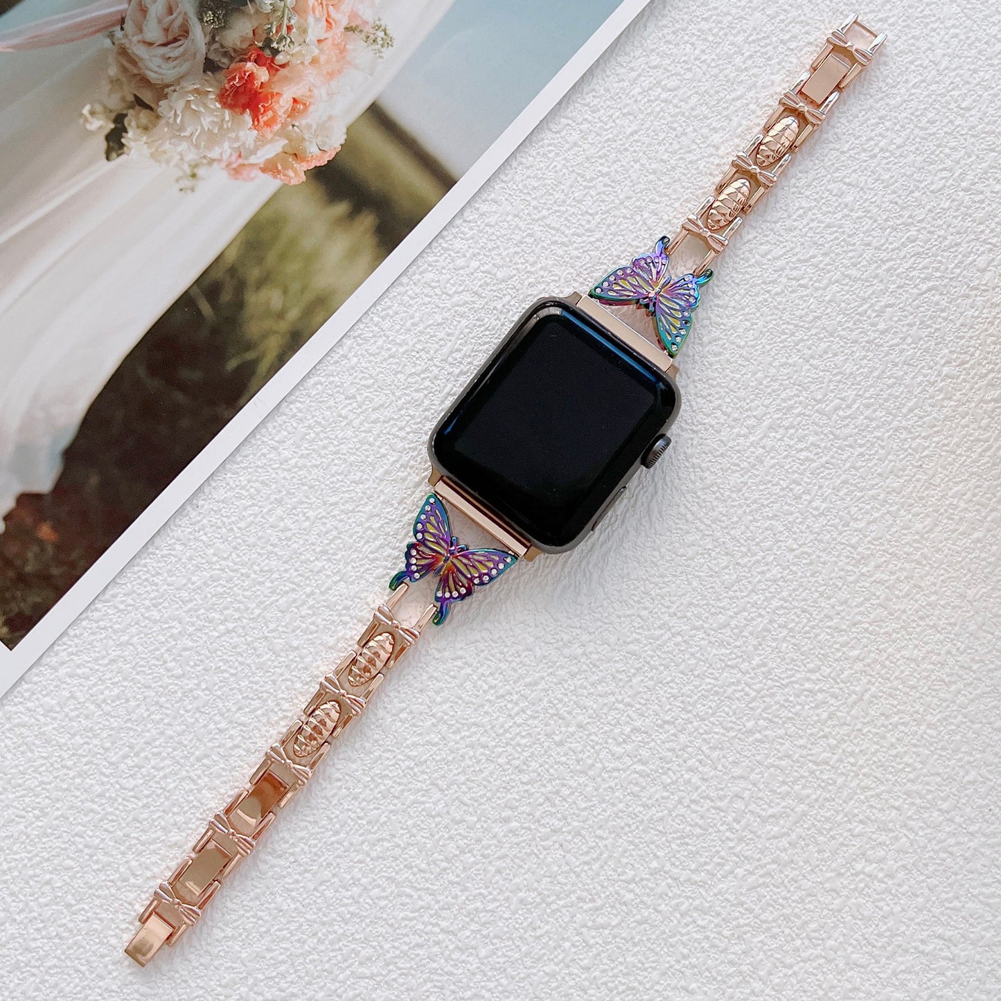 Metal Bling Band For Apple Watch 44 40 38 42mm 41 45 Women Stainless Steel Bracelet Diamond Butterfly For iWatch Series 7 6 543