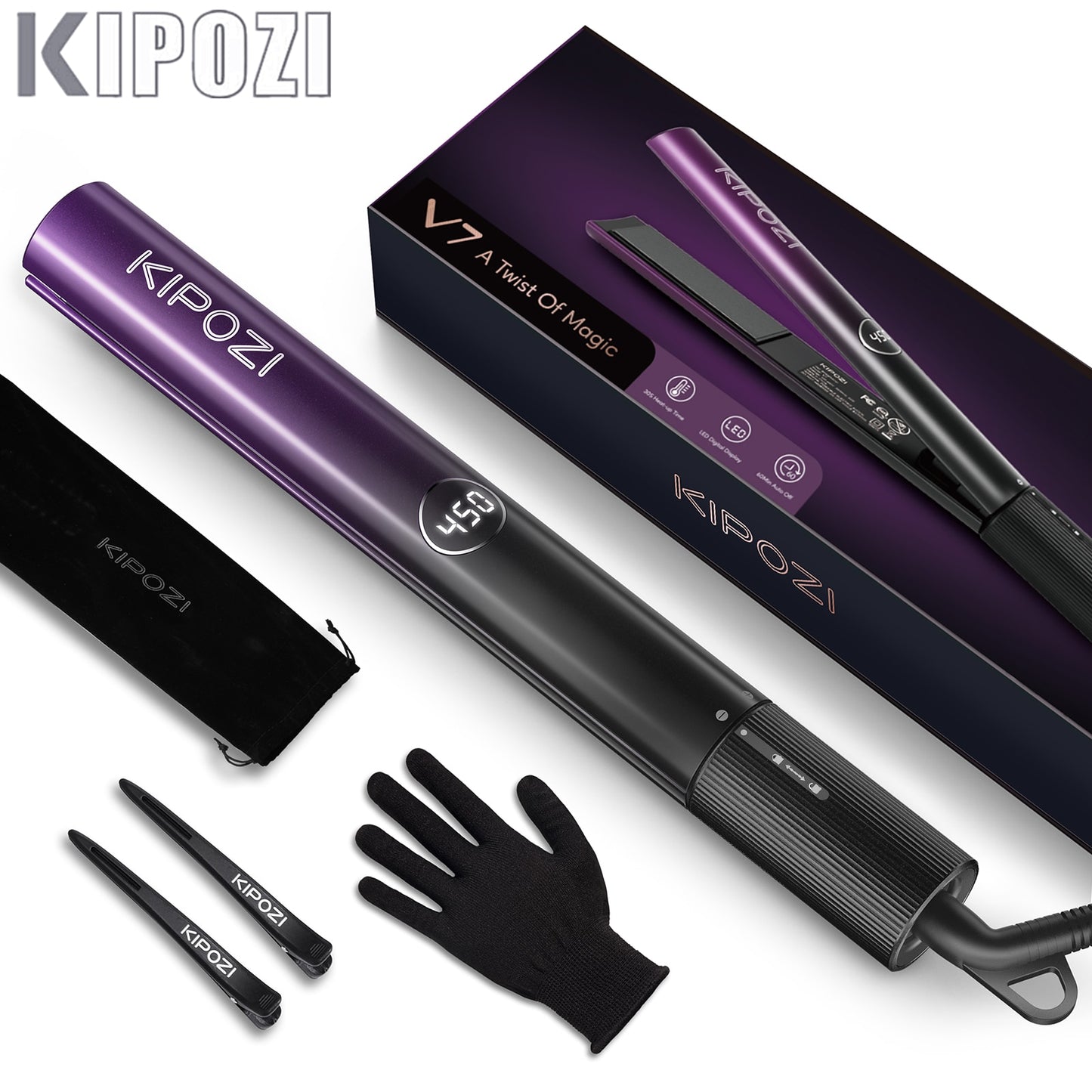 KIPOZI Professional Hair Striaghtener Nano Titanium Instant Heating Flat Iron 2 In 1 Curling Iron Hair Tool with LCD Display