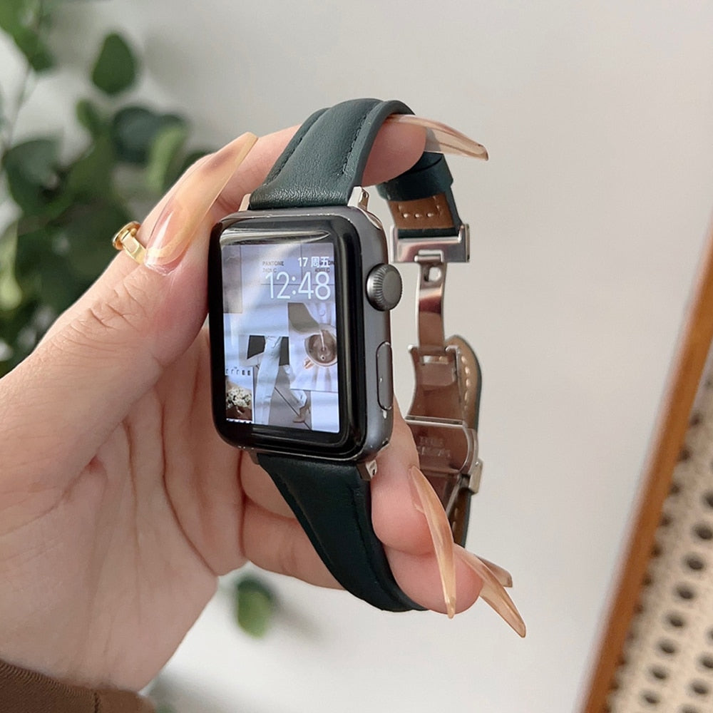 Leather Strap for Apple Watch Series 8 7 SE 6 5 4 3 2 Ultra 49mm Butterfly Buckle Lady Bracelet for iWatch 41 45mm 44 40 38 42MM