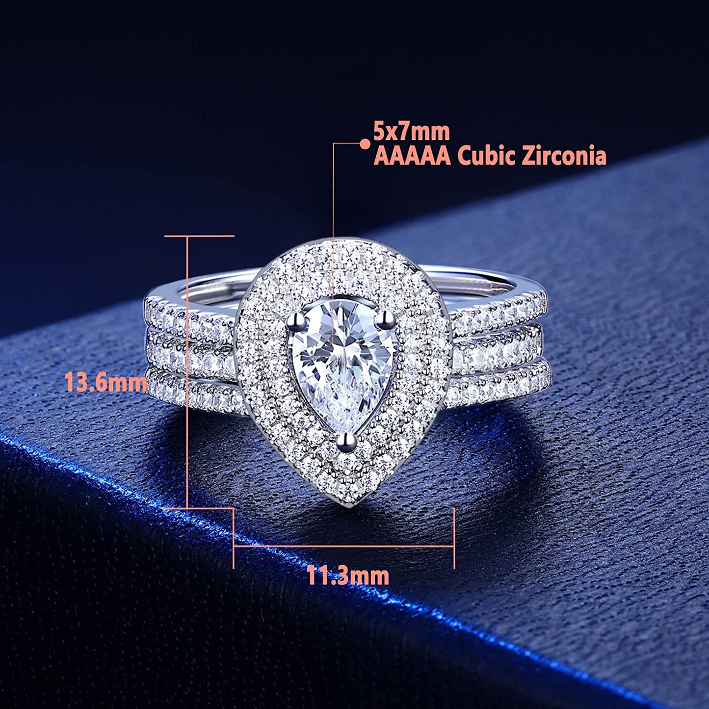 Newshe 2 Pcs 925 Sterling Silver Halo Pear Cut Engagement Rings Set for Women Stackable CZ Wedding Band Vintage Fine Jewelry