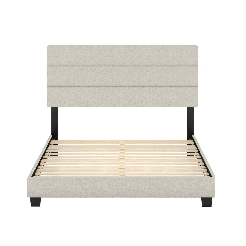 Boyd Sleep Sicily Upholstered Linen Tri Panel Platform Bed Frame with Headboard, Queen, White