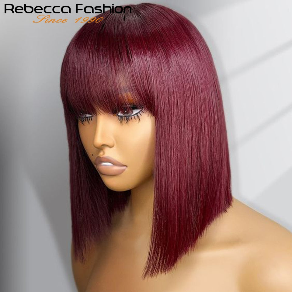 180D Orange/Ginger Colored Blonde Straight Human Hair Bob Wigs With Bangs Remy Full Machine Made for Women P4/30 613 99J T1B/27