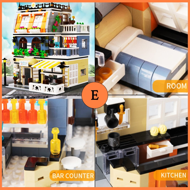 GULOGULO City Street View Building Blocks CAFE Shop Garden Hotel Restaurant Store Architecture Bricks Model Toy Gift For Kid