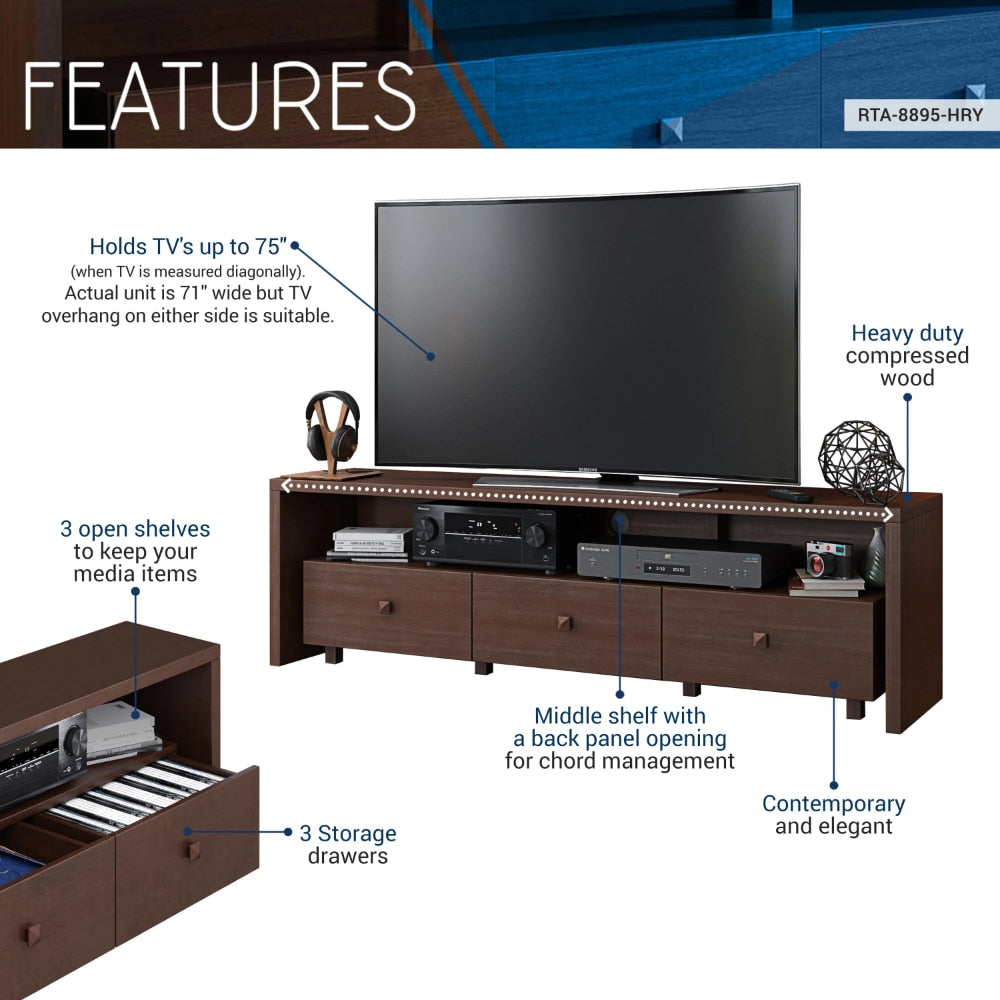 34810574 Elegant Modern TV Stand for TVs Up To 75&quot; with Storage, Wood-like Finish, Hickory Brown，70.75 X 15.25 X 20.00 Inches