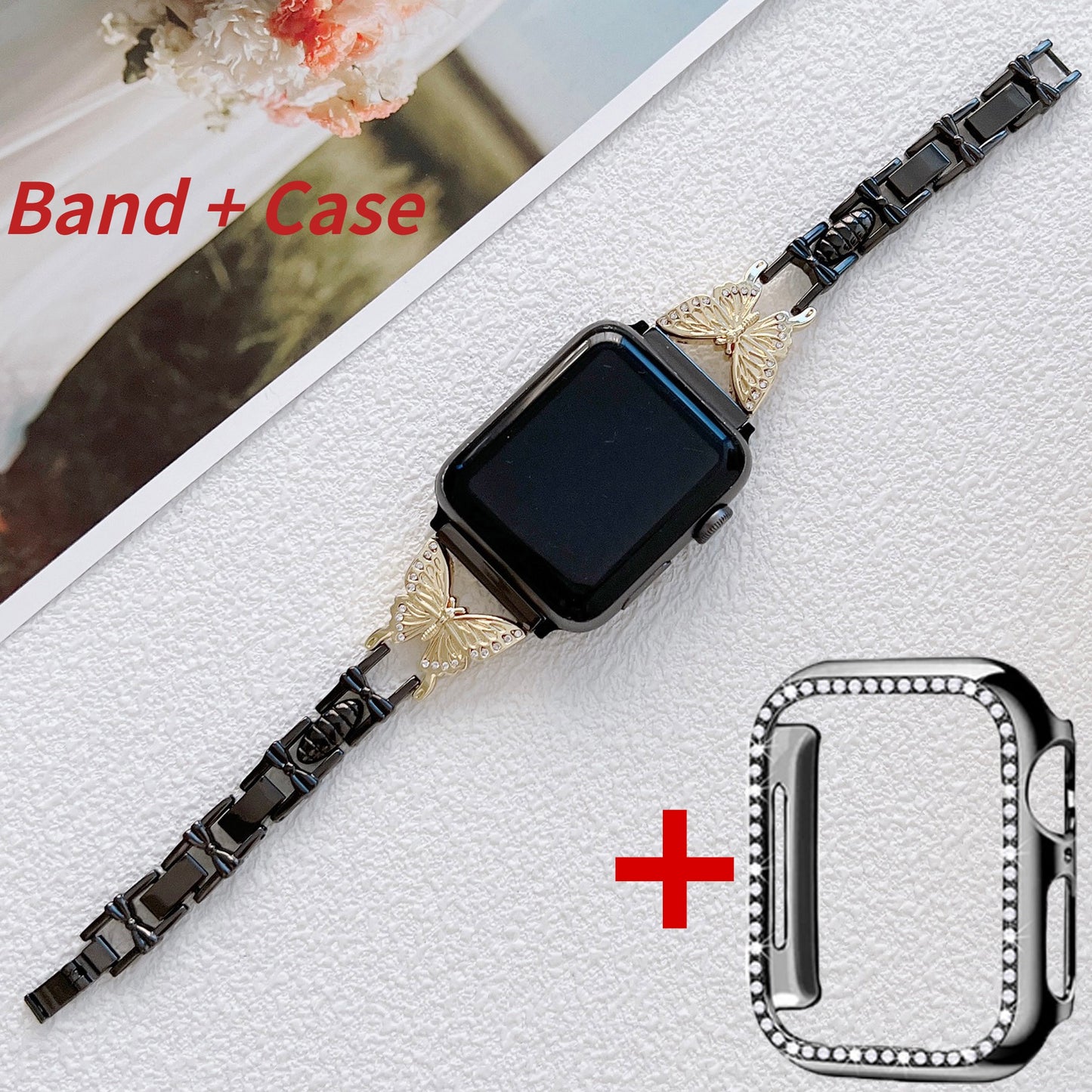 Metal Bling Band For Apple Watch 44 40 38 42mm 41 45 Women Stainless Steel Bracelet Diamond Butterfly For iWatch Series 7 6 543