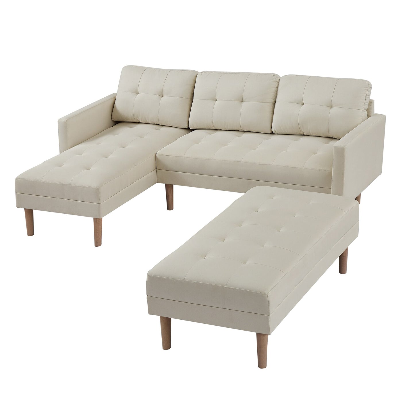 Beige Multifunctional Comfortable Sectional Sofa Bed, L-Shaped Sofa Chaise Longue with Ottoman Bench