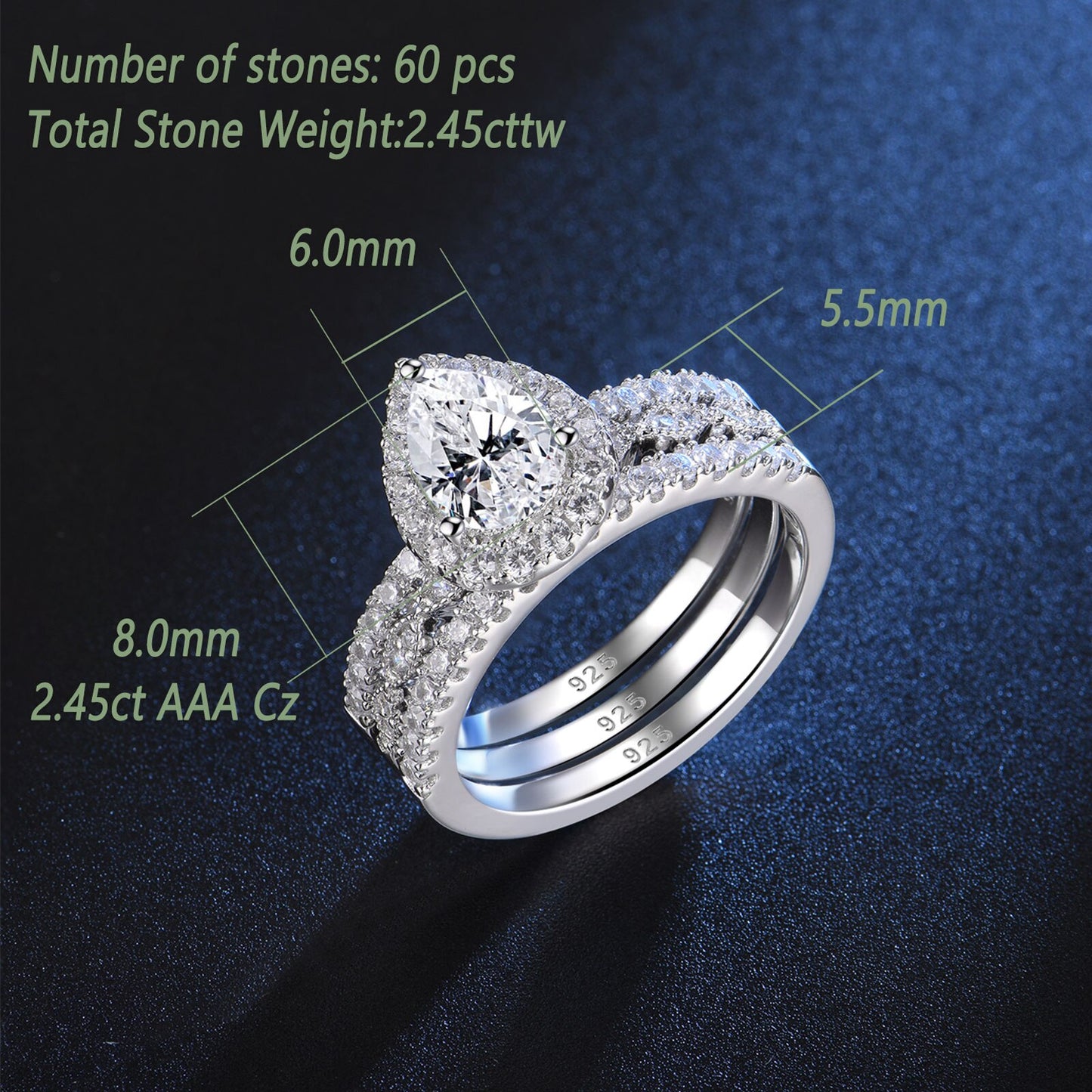 Newshe 3 Pieces 925 Sterling Silver Engagement Ring Set for Women Water Drop AAAAA Zircons Eternity Wedding Bands BR1079