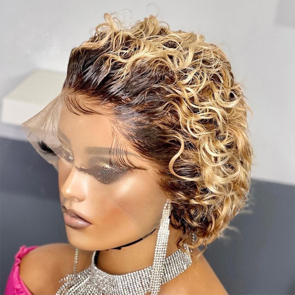 Brown Pixie Cut Wig Short Curly Human Hair Wigs Cheap Human Hair Wig 13X1 Transparent Lace Wig For Women Human Hair Pre Plucked