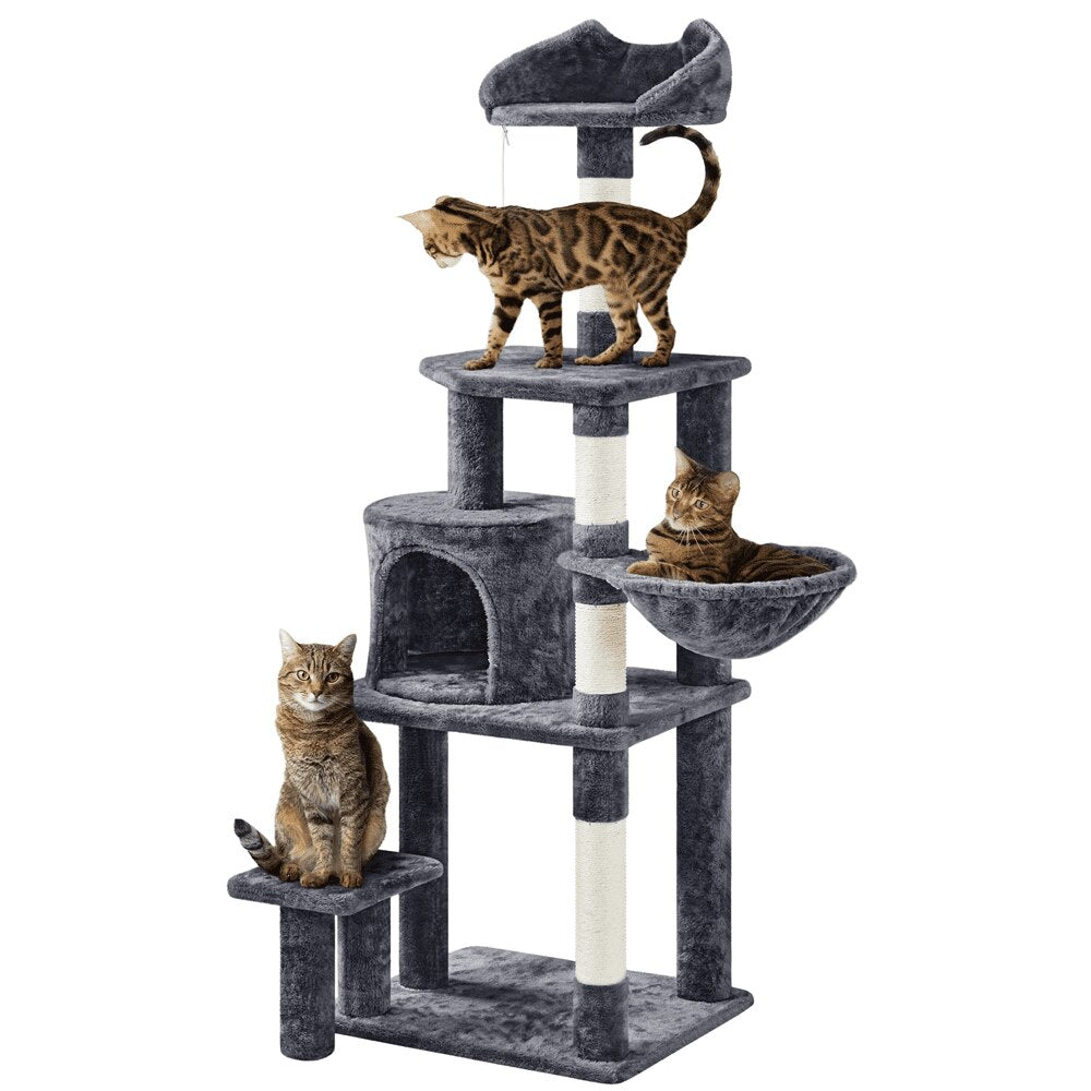 57″ Tall Multi Level Cat Tree with Basket &amp; Condo &amp; Scratching Post, Light Gray