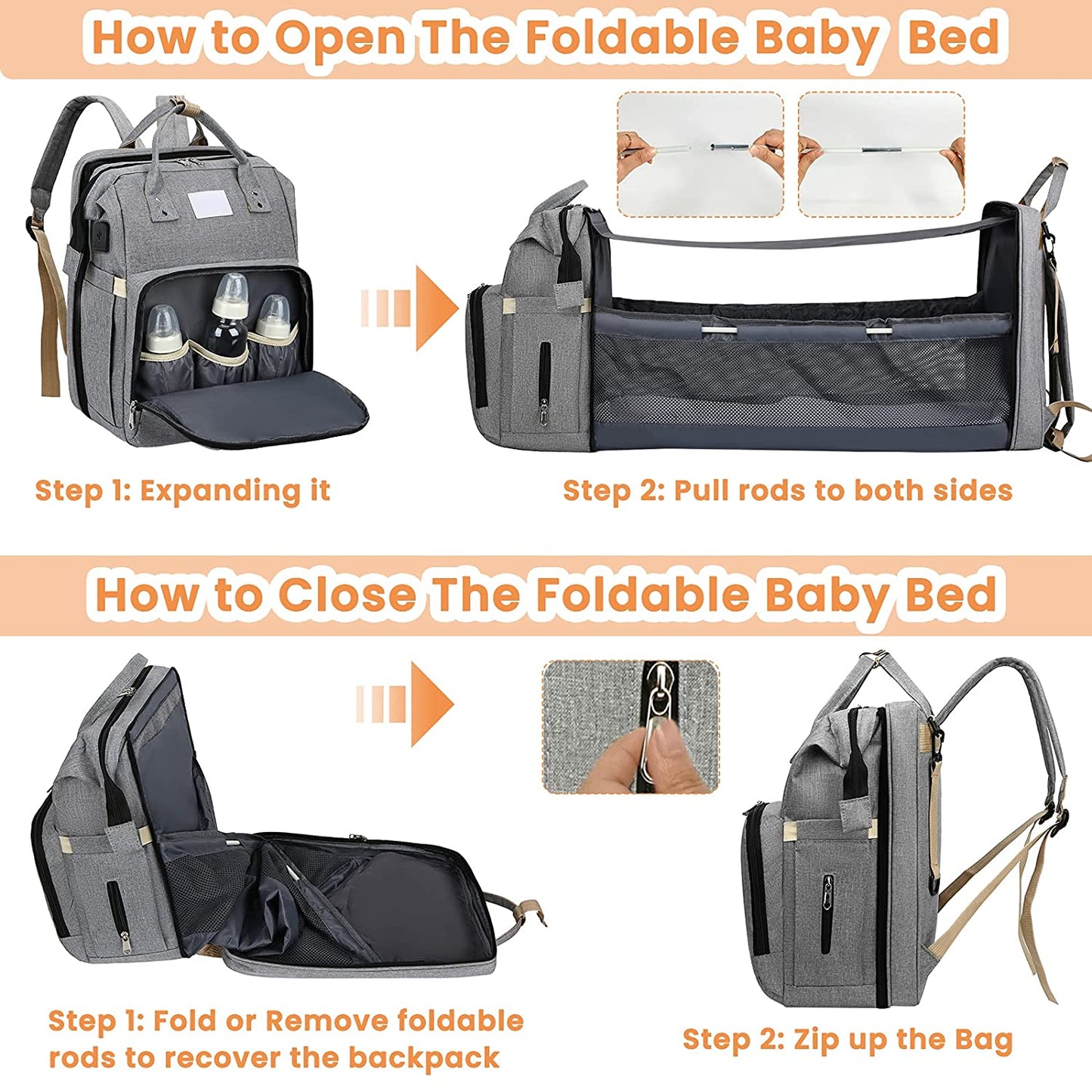 Fashionable Mommy Bag Folding Baby Bed Mother Large Capacity Portable Milk Bottle Diaper Double Shoulder Mom&#39;s Bag