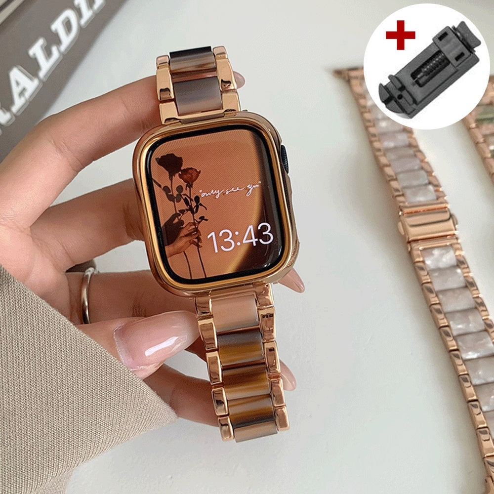 Luxury Women Resin Strap For Apple Watch Ultra 49mm Band 38 40mm 44 42mm Metal Bracelet for iWatch 8 7  6 5 4 se 3 2 1 41mm 45mm