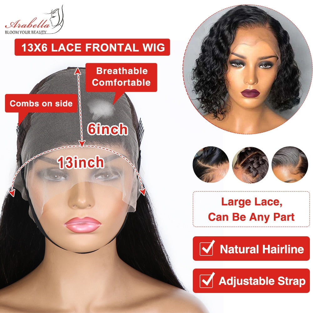 13x4 HD Lace Front Human Hair Wigs Water Wave Transparent Lace Wig Pre Plucked Bleached Knots Arabella T Part Wig Remy Bob Wig