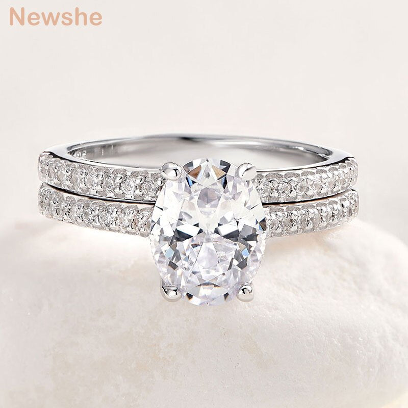 Newshe 2 Pieces 925 Sterling Silver Engagement Rings Set 1.9Ct Oval Shape AAAAA Zircon Jewelry Eternity Wedding Band BR0943