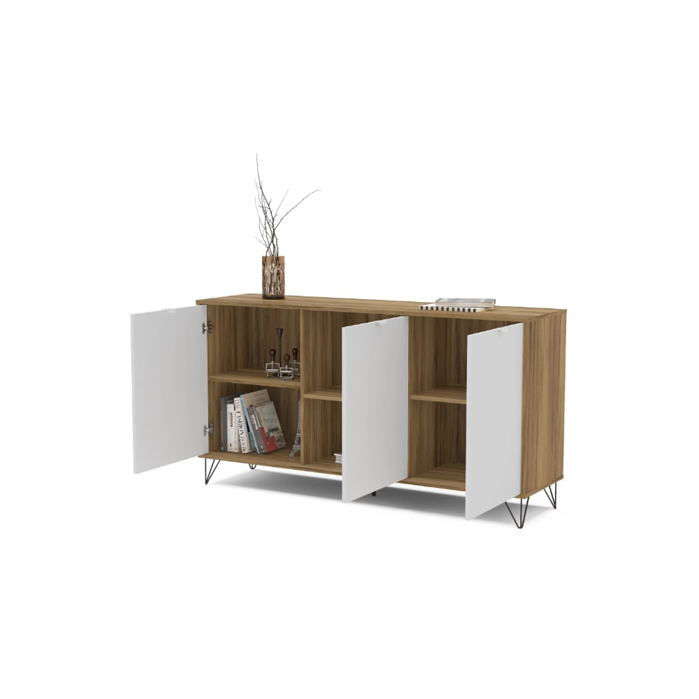 Montreal 59 In. Sideboard with 3 Doors, White &amp; Light Brown Storage Cabinet Kitchen Cabinets