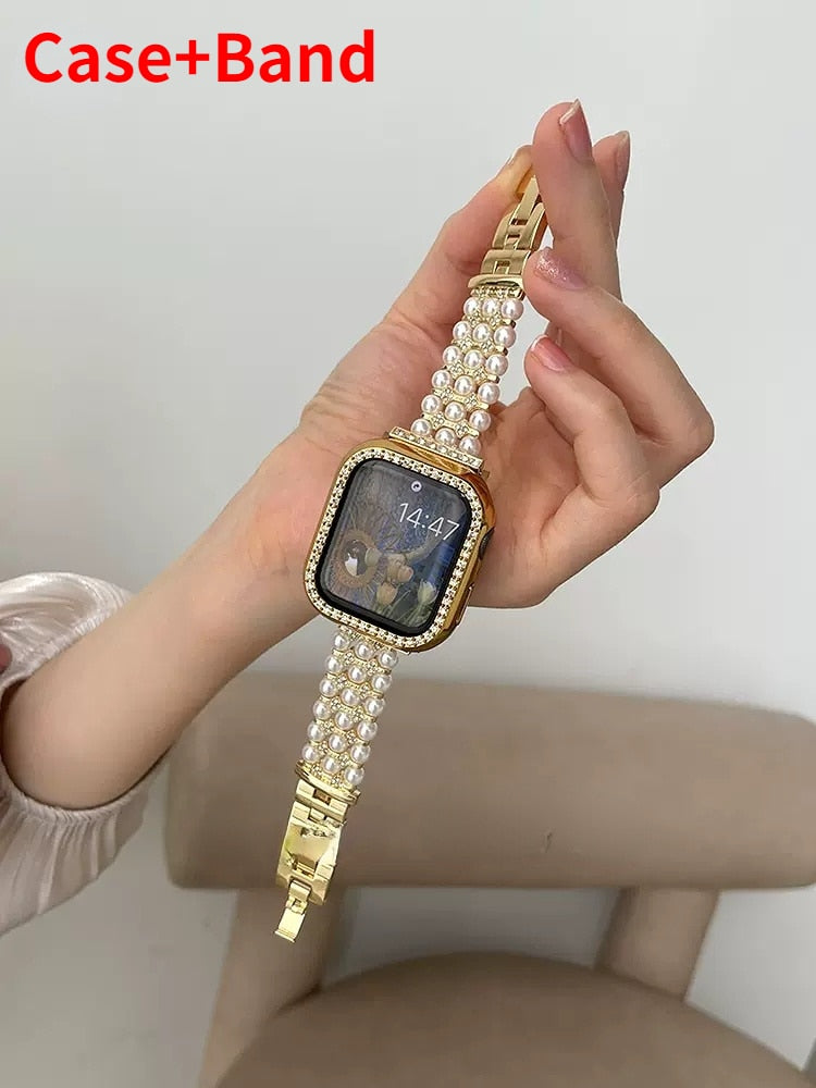 Luxury Pearl Stainless Steel Band For Apple Watch Ultra 49mm Diamond Strap For iWatch Series 8 7 41 45mm 6 3 4 5 se 2 40 42 44mm