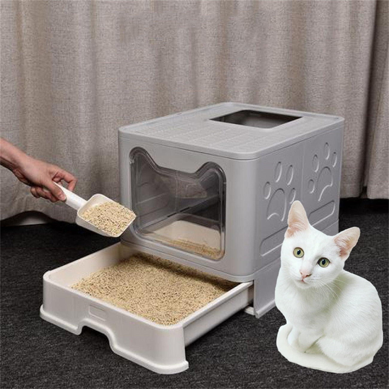 XXL Large Space Foldable Cat Litter Box with Front Entry &amp; Top Exit with Tray