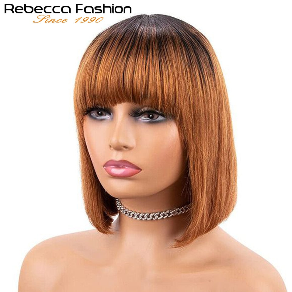 180D Orange/Ginger Colored Blonde Straight Human Hair Bob Wigs With Bangs Remy Full Machine Made for Women P4/30 613 99J T1B/27