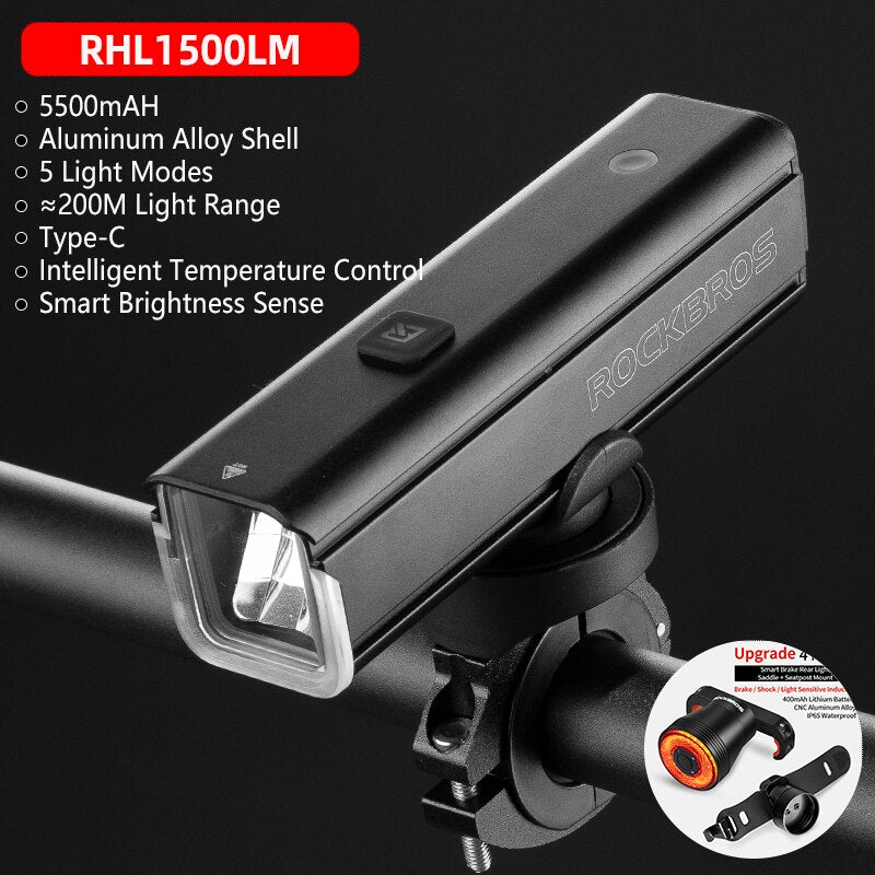 ROCKBROS Bike Light 1500LM5000mAh Type-C Bicycle Light Temperature Control  IPX6 Aluminum LED Light Front Lamp Cycling Headlight