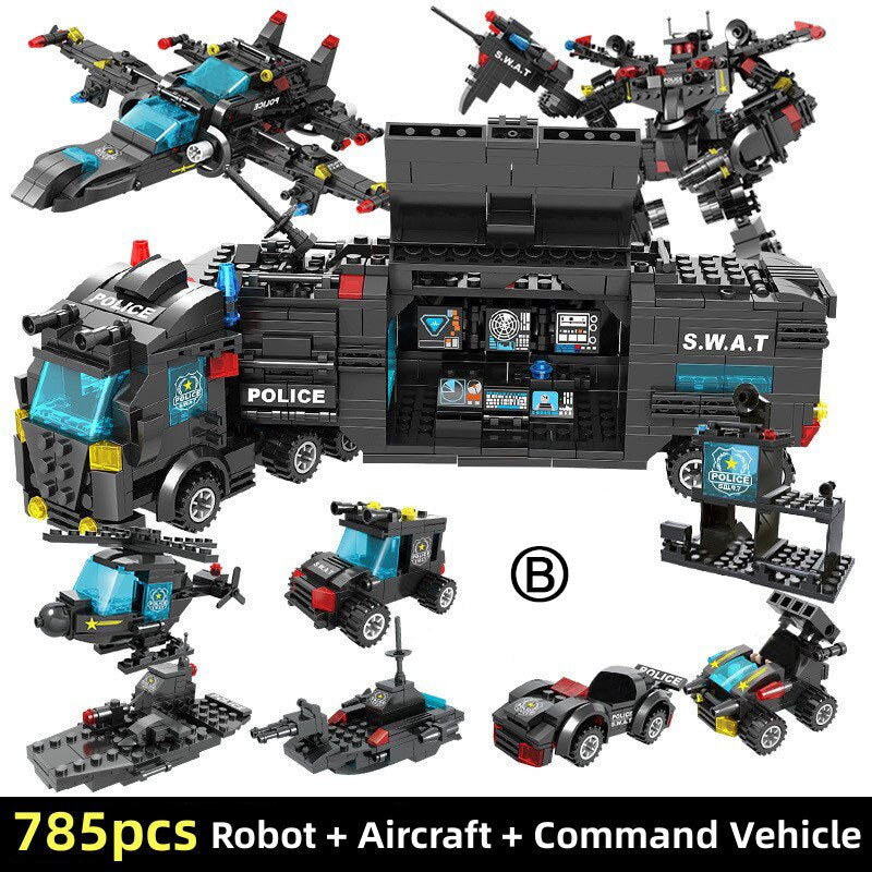 Building Blocks SWAT Team Mechanical Police Car Robot Small Assembled Colorful Bricks Model Toys For Children Birthday Gifts