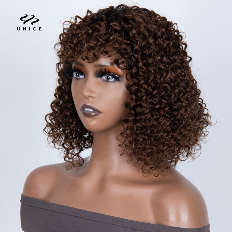 Unice Deep Curly Bob Wig With Bangs 100% Human Hair Wig Chocolate Brown Wig