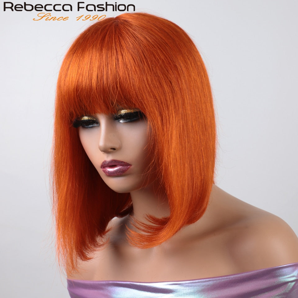 180D Orange/Ginger Colored Blonde Straight Human Hair Bob Wigs With Bangs Remy Full Machine Made for Women P4/30 613 99J T1B/27