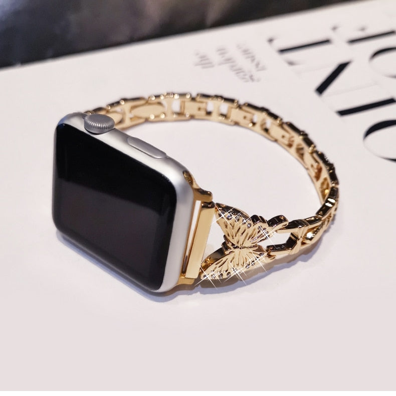 Metal Bling Band For Apple Watch 44 40 38 42mm 41 45 Women Stainless Steel Bracelet Diamond Butterfly For iWatch Series 7 6 543