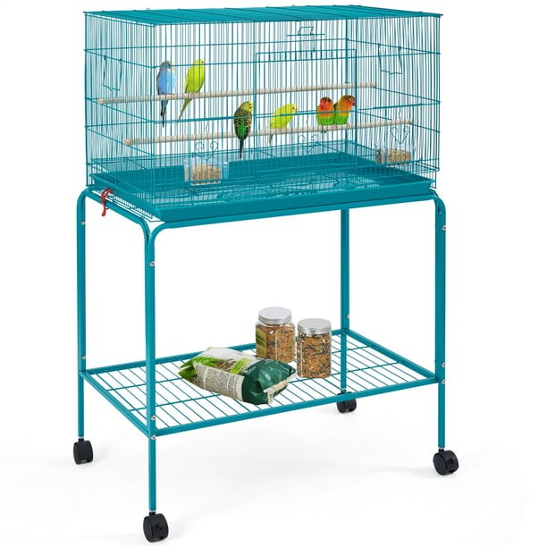 47&quot;H Rolling Stand Flight Bird Cage with Slide-out Tray for Small Birds, 20.3 Lb, Iron, Plastic, Wood