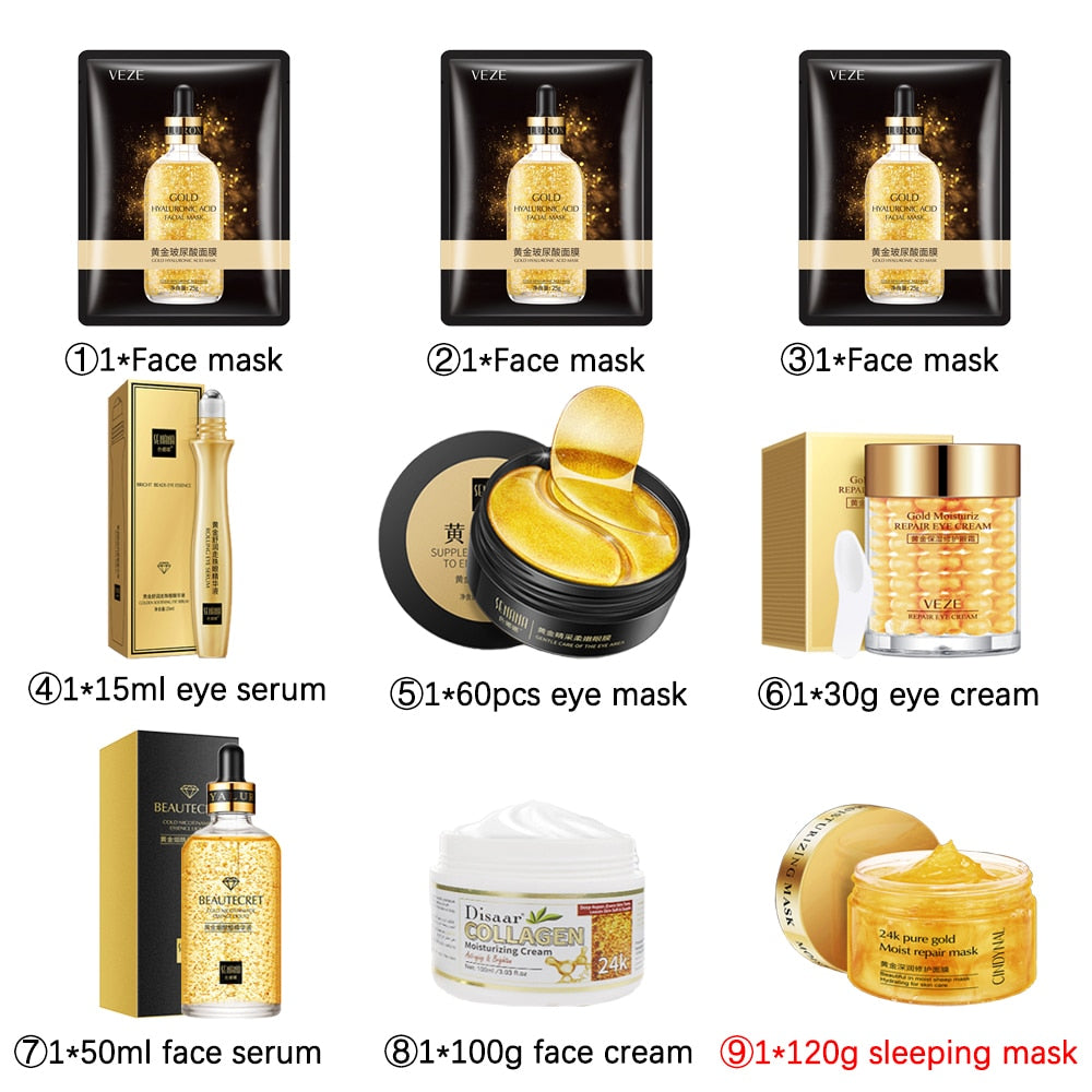 24K Gold Skin Care Sets Nicotinamide Face Serum Collagen Whitening Cream Facial Care Kit Face Mask Korean Face Skincare Product