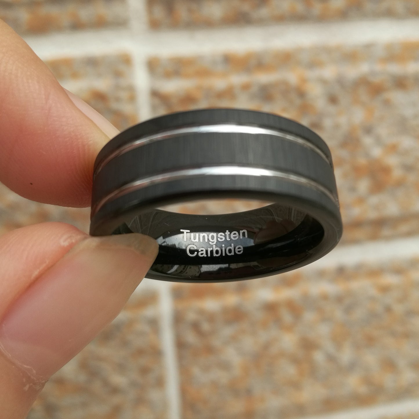 Newshe Black Wedding Bands for Men Tungsten Carbide Rings Silver Color Grooved Line Matte Brushed Size 8-13 TRX075