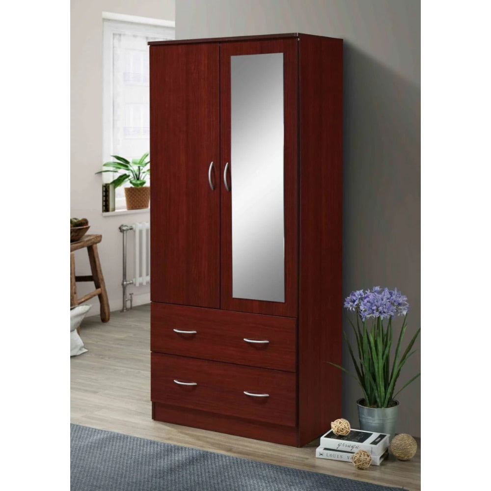 Hodedah Two Door Wardrobe with Two Drawers and Hanging Rod plus Mirror, storage cabinet