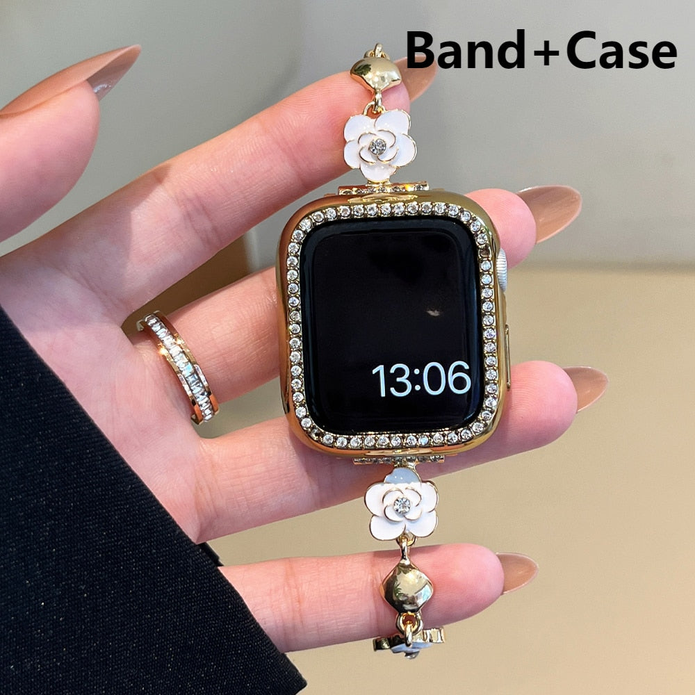 Stainless steel bracelet For Apple Watch Ultra 49mm 8 41mm 45mm band 38 40 42 44mm diamond flower strap for iWatch 8 7 6 5 4 se