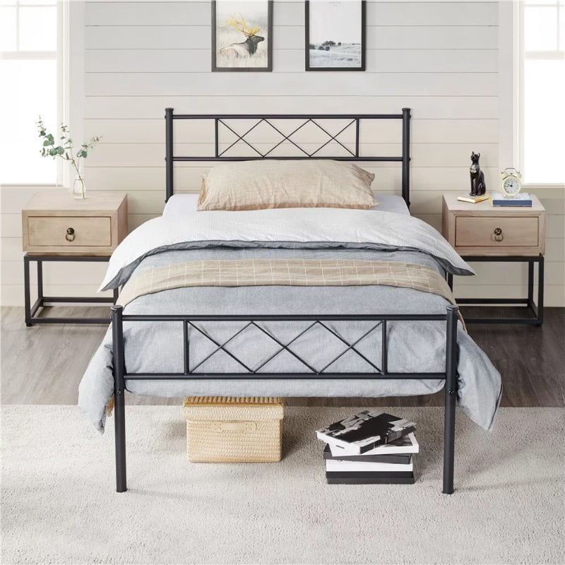 SMILE MART X-Design Headboard &amp; Footboard Metal Twin Bed Black 78&quot; L × 41&quot; W × 35&quot; H Twin Bed Frame Bedroom Furniture