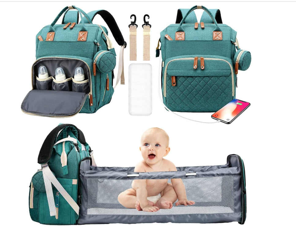 3 In 1 Diaper Bag Backpack Foldable Baby Bed Waterproof Travel Bag with USB Charge Diaper Bag Backpack with Changing Bed 3 types