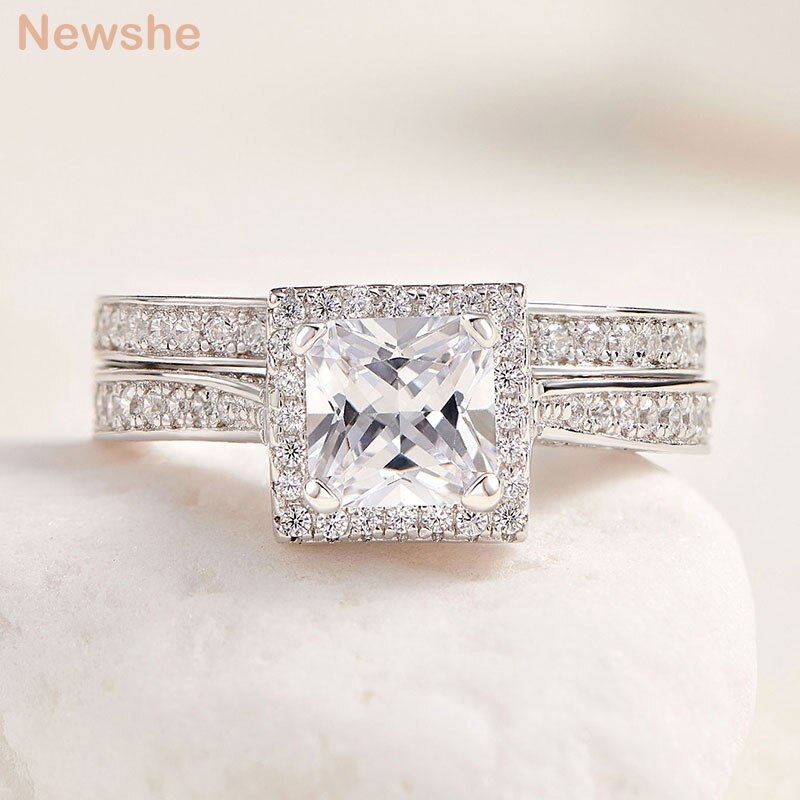 Newshe 2Pcs Genuine 925 Sterling Silver Wedding Ring Set Classic Jewelry 0.8 Ct Princess Cut AAAAA CZ Engagement Rings for Women