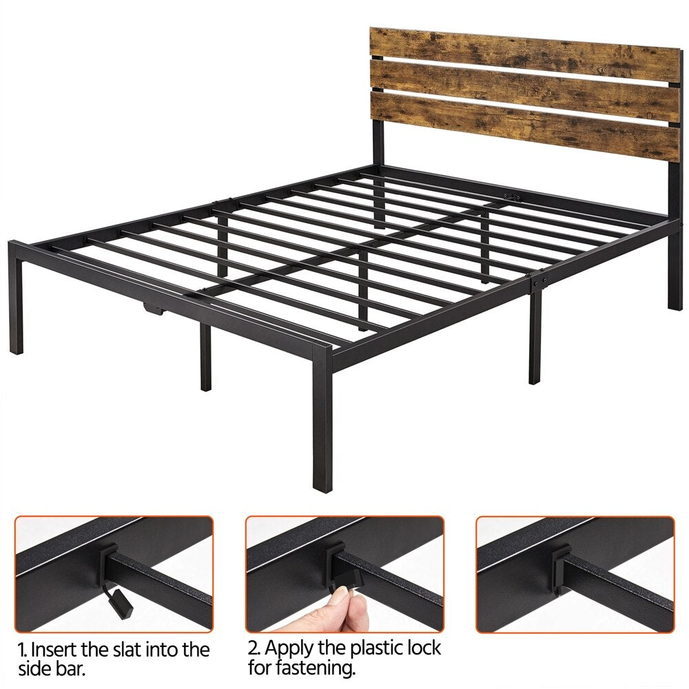 Metal Platform Queen Bed with Wood Headboard