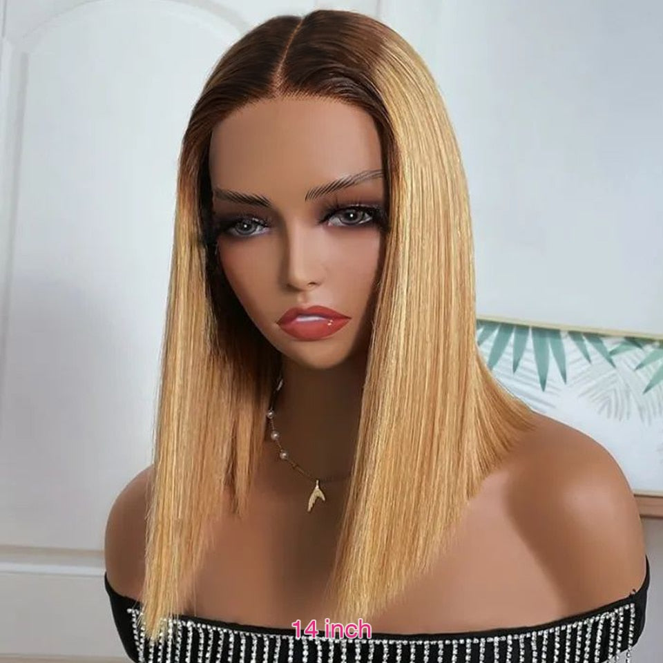 Short Ombre Honey Blonde Bob Wig With Baby Hair 13x6x1 Lace Front Honey Brown Straight Human Hair Wigs For Women Highlight Wigs