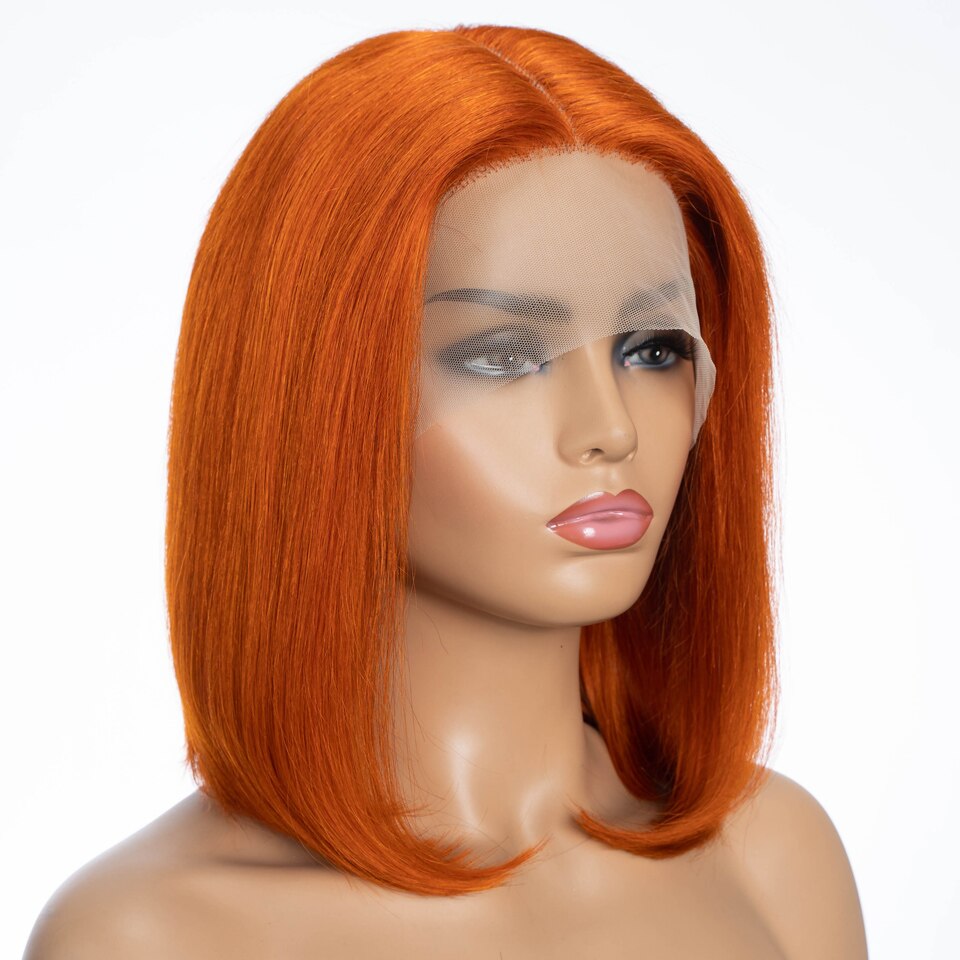 Sleek Straight Bob Human Hair Wigs For Women 13X6X1 Orange Colored Lace Front Wigs With Black Root Ombre Brazilian Hair Wigs