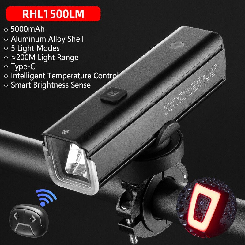 ROCKBROS Bike Light 1500LM5000mAh Type-C Bicycle Light Temperature Control  IPX6 Aluminum LED Light Front Lamp Cycling Headlight