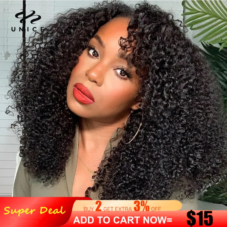 UNice Hair Kinky Curly Wig V Part Wig Human Hair Glueless Upart Wig No Leave Out New I-Part Wig Blend with Your Own Hairline