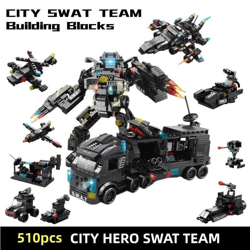 Building Blocks SWAT Team Mechanical Police Car Robot Small Assembled Colorful Bricks Model Toys For Children Birthday Gifts