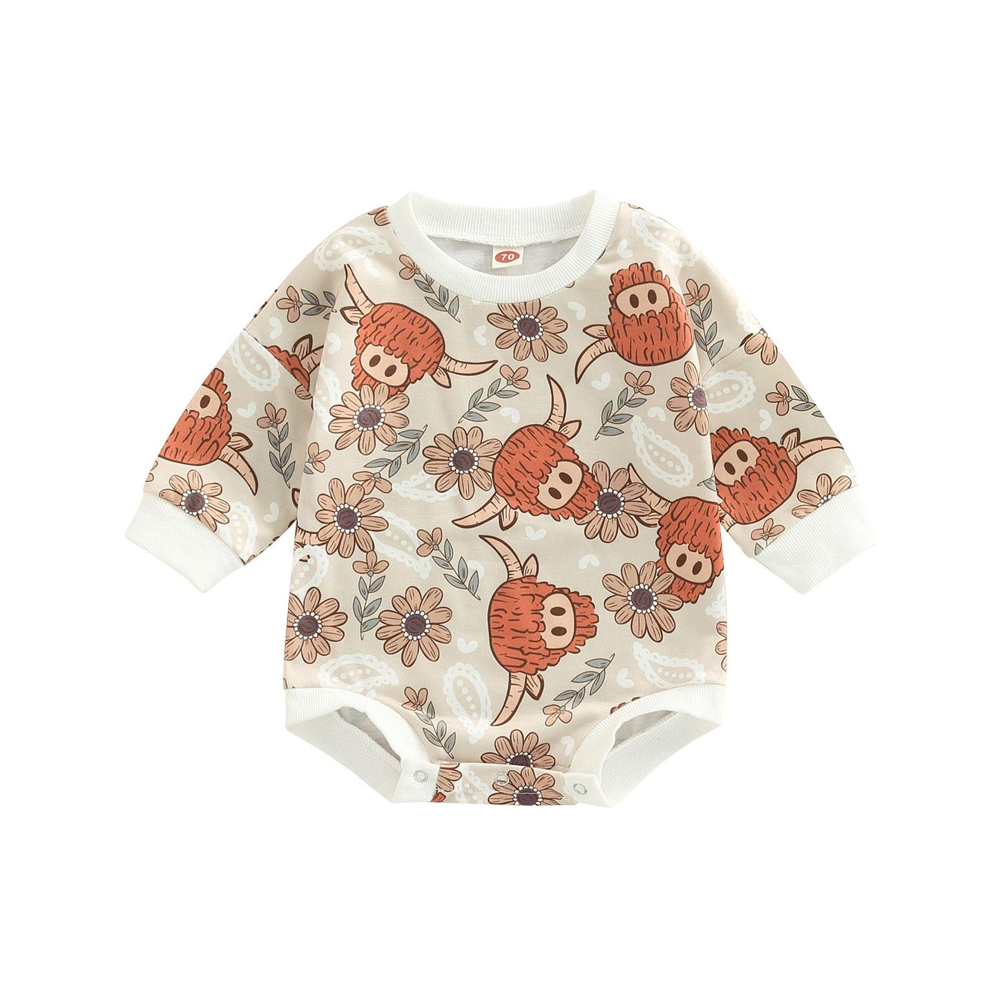 2022-07-22 Lioraitiin 0-24M Newborn Baby Girl Boy Autumn Bodysuit Long Sleeve Cartoon Cow Head Cactus/Floral Print Jumpsuit