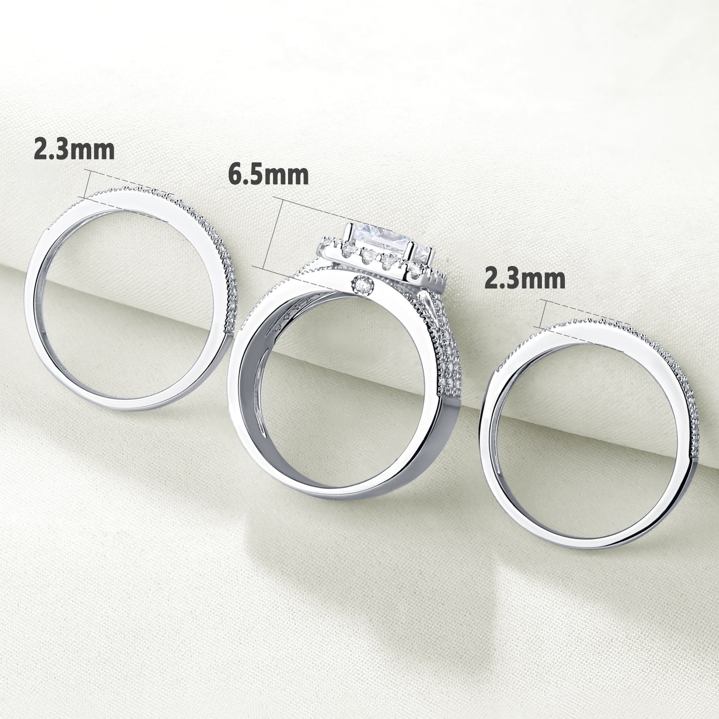 Newshe 3 Pieces Engagement Rings For Women Solid 925 Silver Wedding Jewelry Halo Perfect Princess Cut Symmetrical AAAAA Zircons