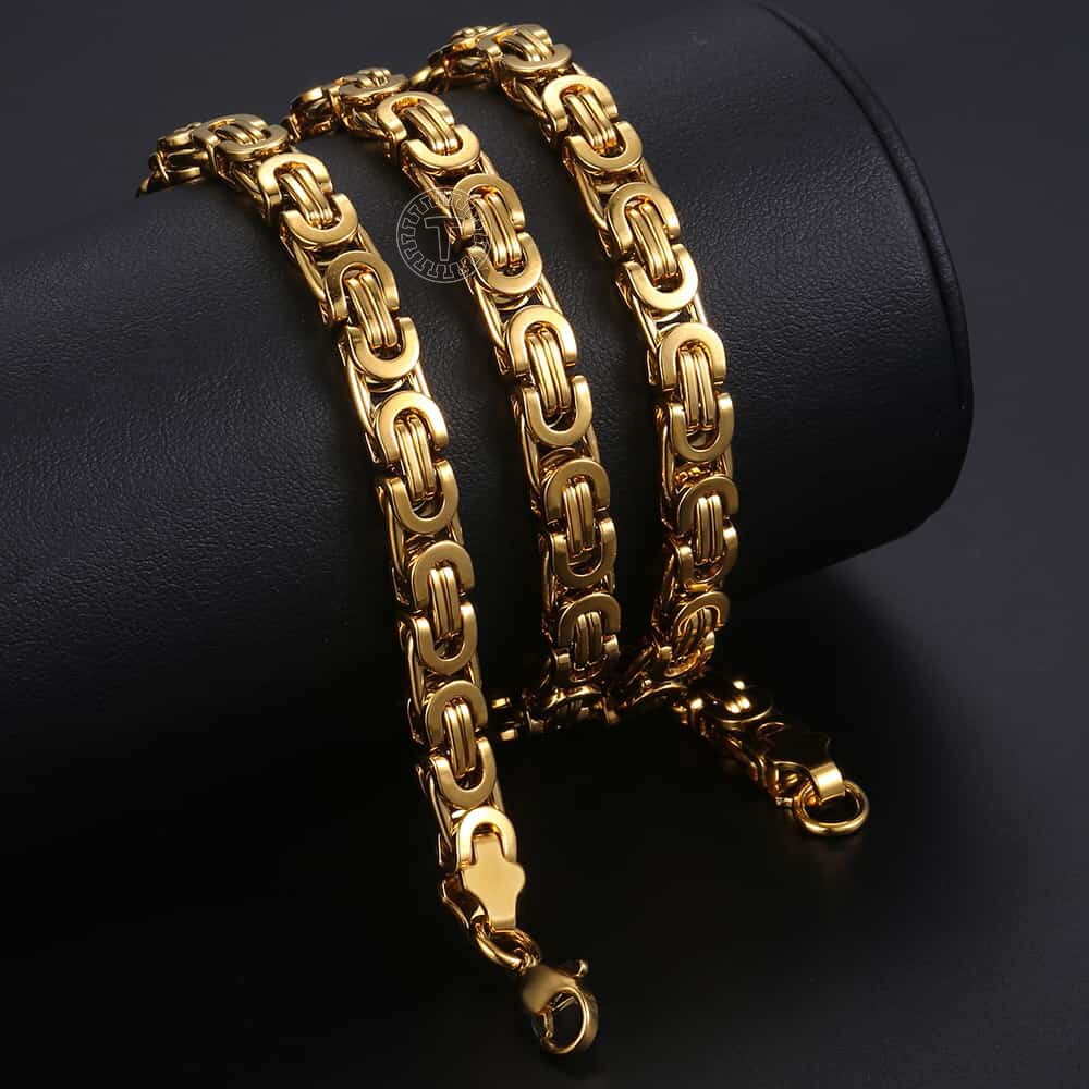 7mm High quality Flat Byzantine Link Necklace For Mens Boys Gold Color Stainless Steel Heavy Luxury Jewelry