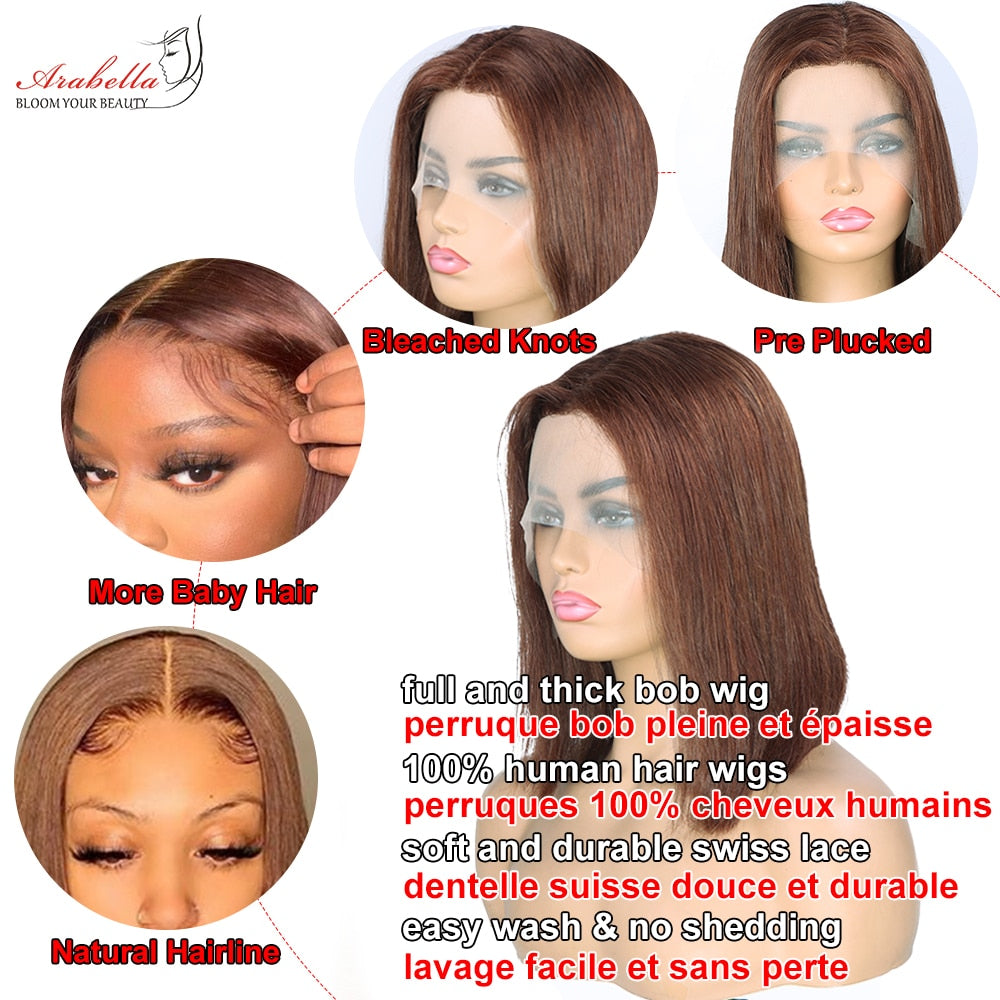 Brown Hair Bob Wig 4x4 Transparent Lace Wig 100% Human Hair Wigs Bleahced Knots Arabella Remy Human Hair T Part Lace Wig