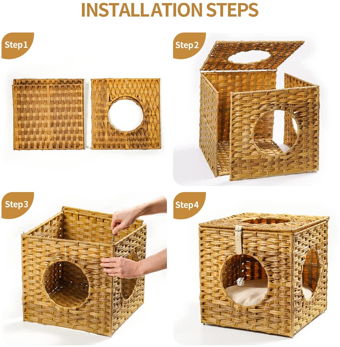 Mewoofun Cat House for Indoor Hand-Woven Wicker Beds Cozy Cave Cat Hideaways 15.75x15.75x15.75 Inches Cat Cages in  US Stock