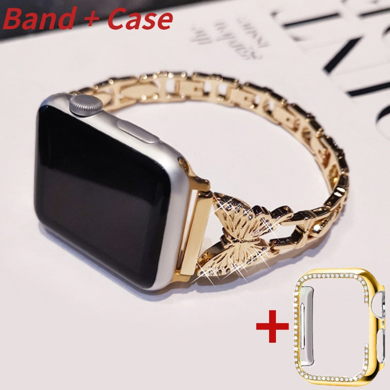 Metal Bling Band For Apple Watch 44 40 38 42mm 41 45 Women Stainless Steel Bracelet Diamond Butterfly For iWatch Series 7 6 543