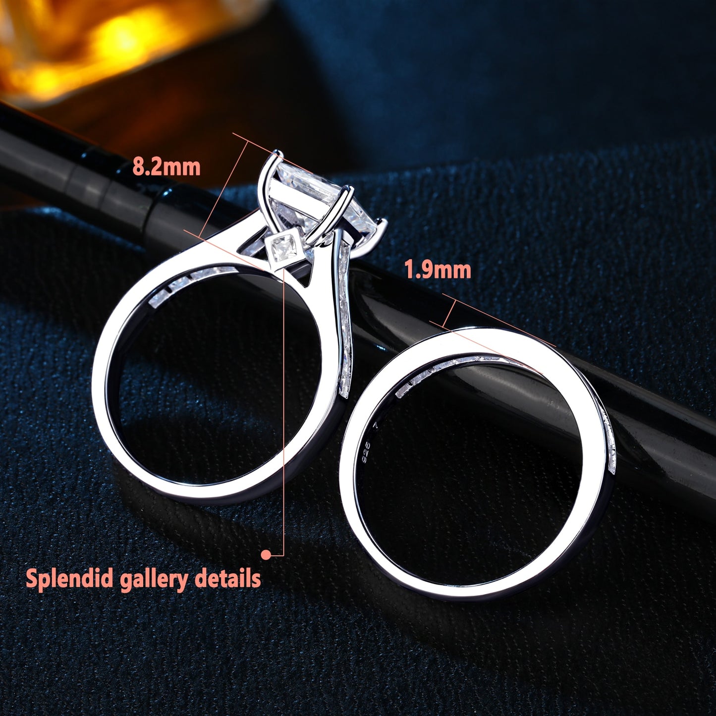 Newshe 2 Pieces Classic Wedding Rings Set for Women 7*7mm Princess Cut AAAAA Zircon 925 Sterling Silver Engagement Ring Jewelry