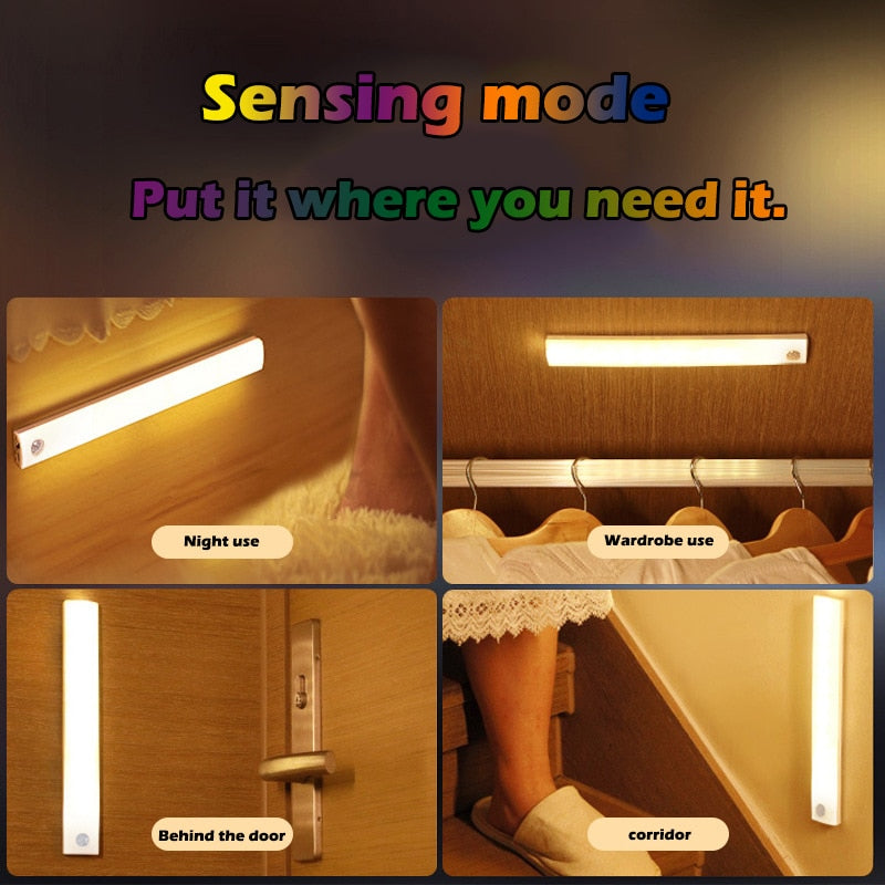 PIR Motion Sensor LED Under Cabinet Lamp Dimmable Rechargeable Night Light Stairs Closet Room Aisle Tube Bar Detector Bulb