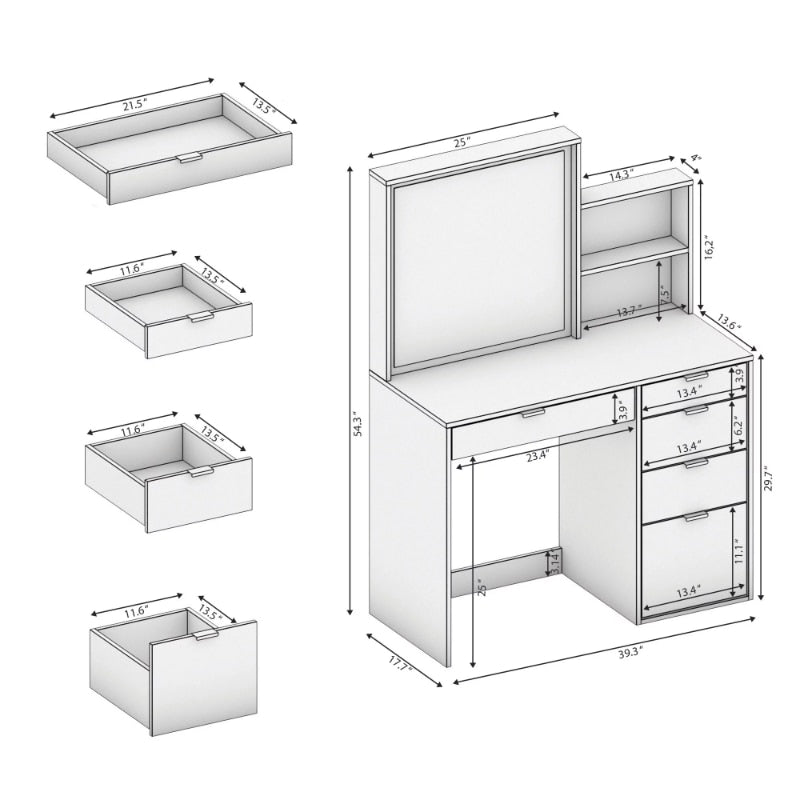 Suzana Compact  Vanity table - 5 Drawers &amp; Shelves in White Finish, for Bedroom makeup table vanity desk